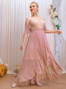 SHEIN Belle Plus Contrast Lace Cold Shoulder Tie Back Ruffle Trim Wrap Chiffon Bridesmaid Dress - Dusty Pink - View 3