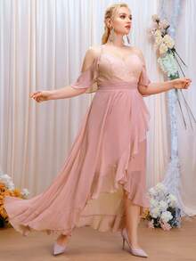 SHEIN Belle Plus Contrast Lace Cold Shoulder Tie Back Ruffle Trim Wrap Chiffon Bridesmaid Dress - Dusty Pink - View 4