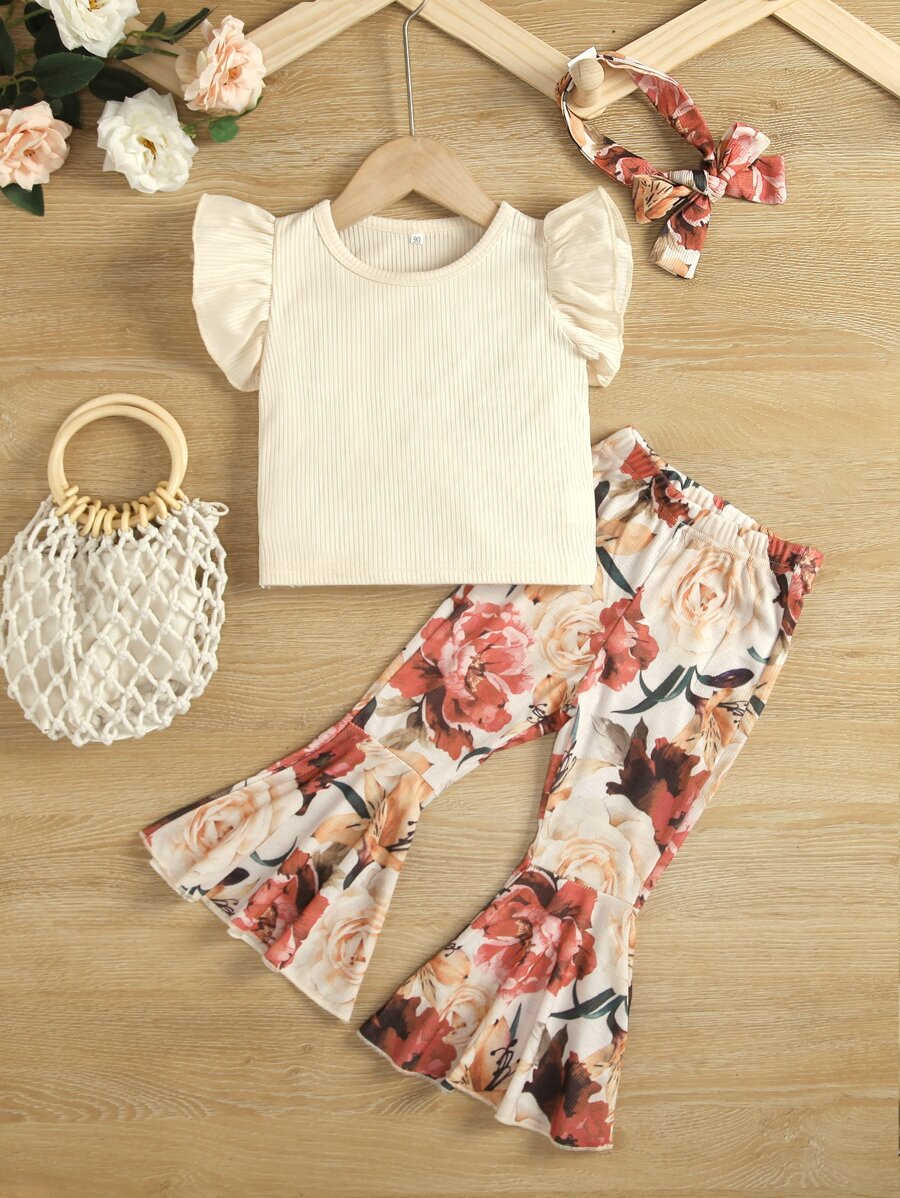 SHEIN Toddler Girls Ruffle Trim Top & Floral Print Flare Leg Pants & Headband