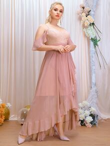 SHEIN Belle Plus Contrast Lace Cold Shoulder Tie Back Ruffle Trim Wrap Chiffon Bridesmaid Dress - Dusty Pink - View 6