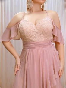 SHEIN Belle Plus Contrast Lace Cold Shoulder Tie Back Ruffle Trim Wrap Chiffon Bridesmaid Dress - Dusty Pink - View 7