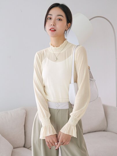 DAZY シール フラウンススリーブ モックネック ブラウス キャミトップなし