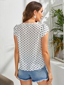 SHEIN Clasi 花瓣袖折疊前百褶波卡圓點上衣 - 白色 - 查看 2