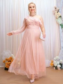 SHEIN Belle Plus Contrast Lace One Shoulder Ruffle Trim Rhinestone Mesh Bridesmaid Dress