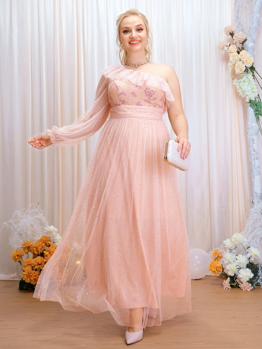 SHEIN Belle Plus Contrast Lace One Shoulder Ruffle Trim Rhinestone Mesh Bridesmaid Dress