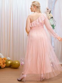 SHEIN Belle Plus Contrast Lace One Shoulder Ruffle Trim Rhinestone Mesh Bridesmaid Dress