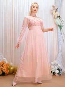 SHEIN Belle Plus Contrast Lace One Shoulder Ruffle Trim Rhinestone Mesh Bridesmaid Dress