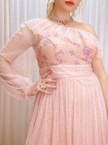 SHEIN Belle Plus Contrast Lace One Shoulder Ruffle Trim Rhinestone Mesh Bridesmaid Dress
