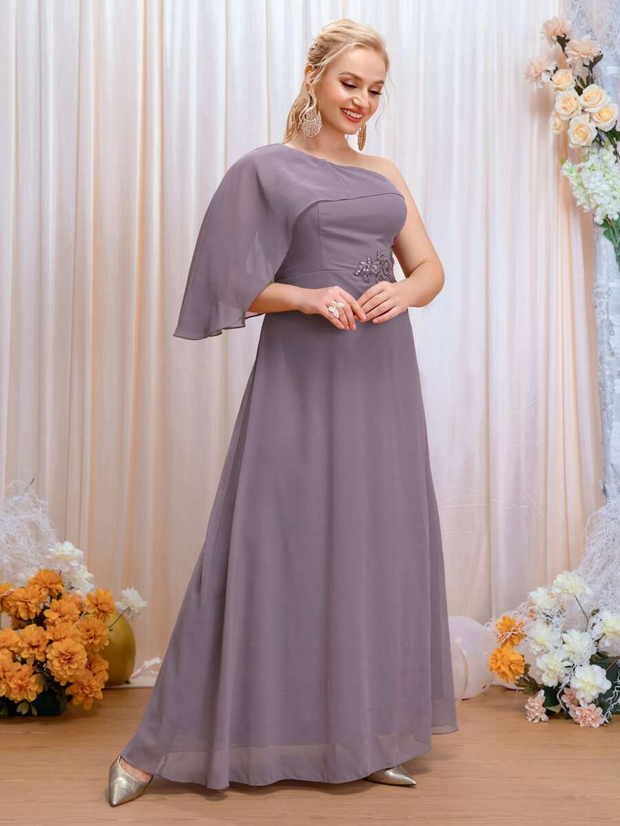 SHEIN Belle 大碼貼花單肩打褶細節雪紡超長伴娘洋裝 - 淡紫色 - 查看 1