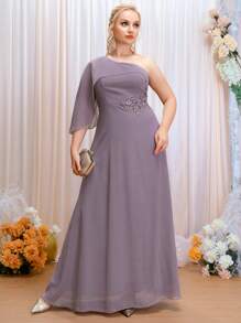 SHEIN Belle 大碼貼花單肩打褶細節雪紡超長伴娘洋裝 - 淡紫色 - 查看 7