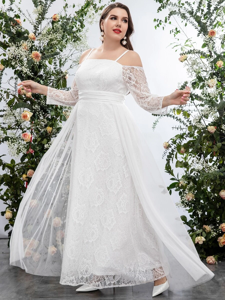 SHEIN Belle Plus Cold Shoulder Contrast Mesh Guipure Lace Wedding Dress - White - View 1