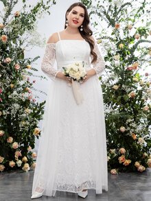 SHEIN Belle Plus Cold Shoulder Contrast Mesh Guipure Lace Wedding Dress - White - View 3