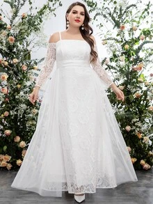 SHEIN Belle Plus Cold Shoulder Contrast Mesh Guipure Lace Wedding Dress - White - View 5