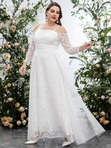 SHEIN Belle Plus Cold Shoulder Contrast Mesh Guipure Lace Wedding Dress - White - View 6