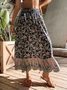 SHEIN Unity 佩斯利印花腰部打褶半身裙 - 彩色 - 查看 3