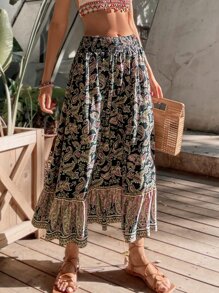 SHEIN Unity 佩斯利印花腰部打褶半身裙 - 彩色 - 查看 5