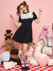 ROMWE Kawaii Heart Hollow Lace Trim Dress - Black - View 1