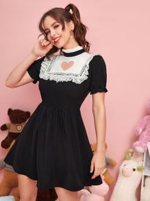 ROMWE Kawaii Heart Hollow Lace Trim Dress - Black - View 3