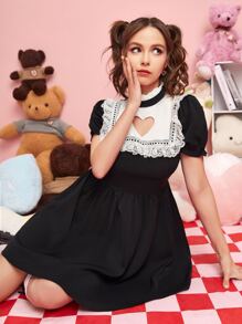 ROMWE Kawaii Heart Hollow Lace Trim Dress - Black - View 5