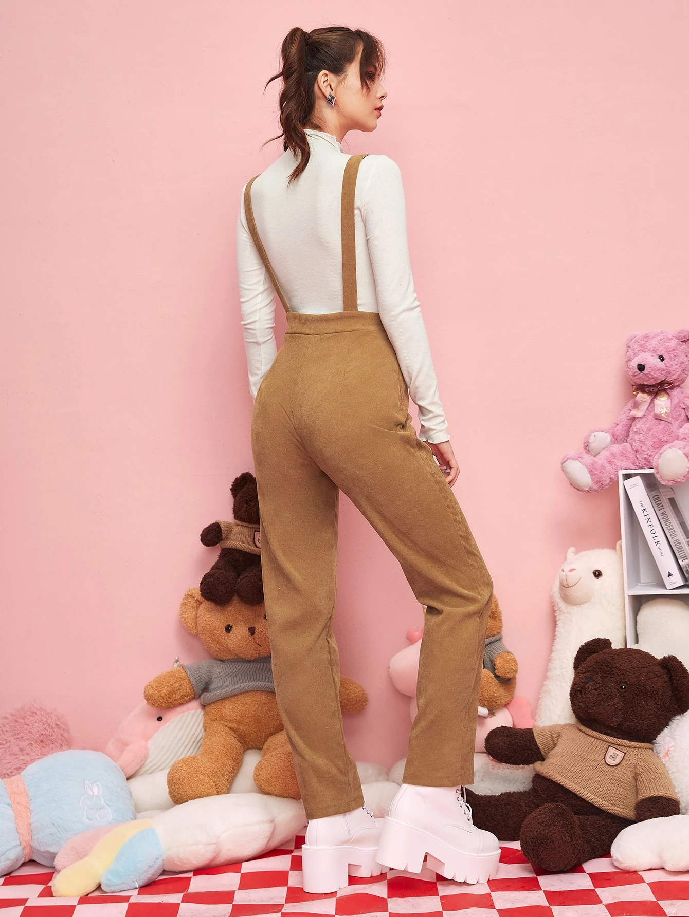 Our Kawaii Cartoon Graphic Pocket Corduroy Jumpsuit, School is