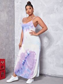 SHEIN VCAY 大碼弧形開衩下擺紮染吊帶連衣裙 - 彩色 - 查看 3