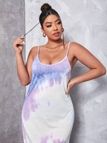 SHEIN VCAY 大碼弧形開衩下擺紮染吊帶連衣裙 - 彩色 - 查看 4