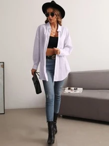 SHEIN Essnce Pocket Patched Button Front Drop Shoulder Shirt - Lilac Purple - View 3