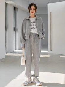 DAZY Drop Shoulder Zipper Sweatshirt & Drawstring Waist Sweatpants - Grey - View 1