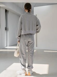 DAZY Drop Shoulder Zipper Sweatshirt & Drawstring Waist Sweatpants - Grey - View 2