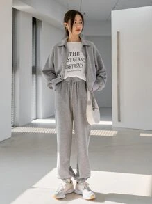 DAZY Drop Shoulder Zipper Sweatshirt & Drawstring Waist Sweatpants - Grey - View 4