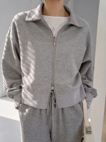 DAZY Drop Shoulder Zipper Sweatshirt & Drawstring Waist Sweatpants - Grey - View 6