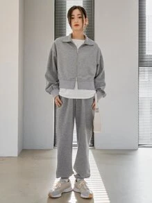 DAZY Drop Shoulder Zipper Sweatshirt & Drawstring Waist Sweatpants - Grey - View 9
