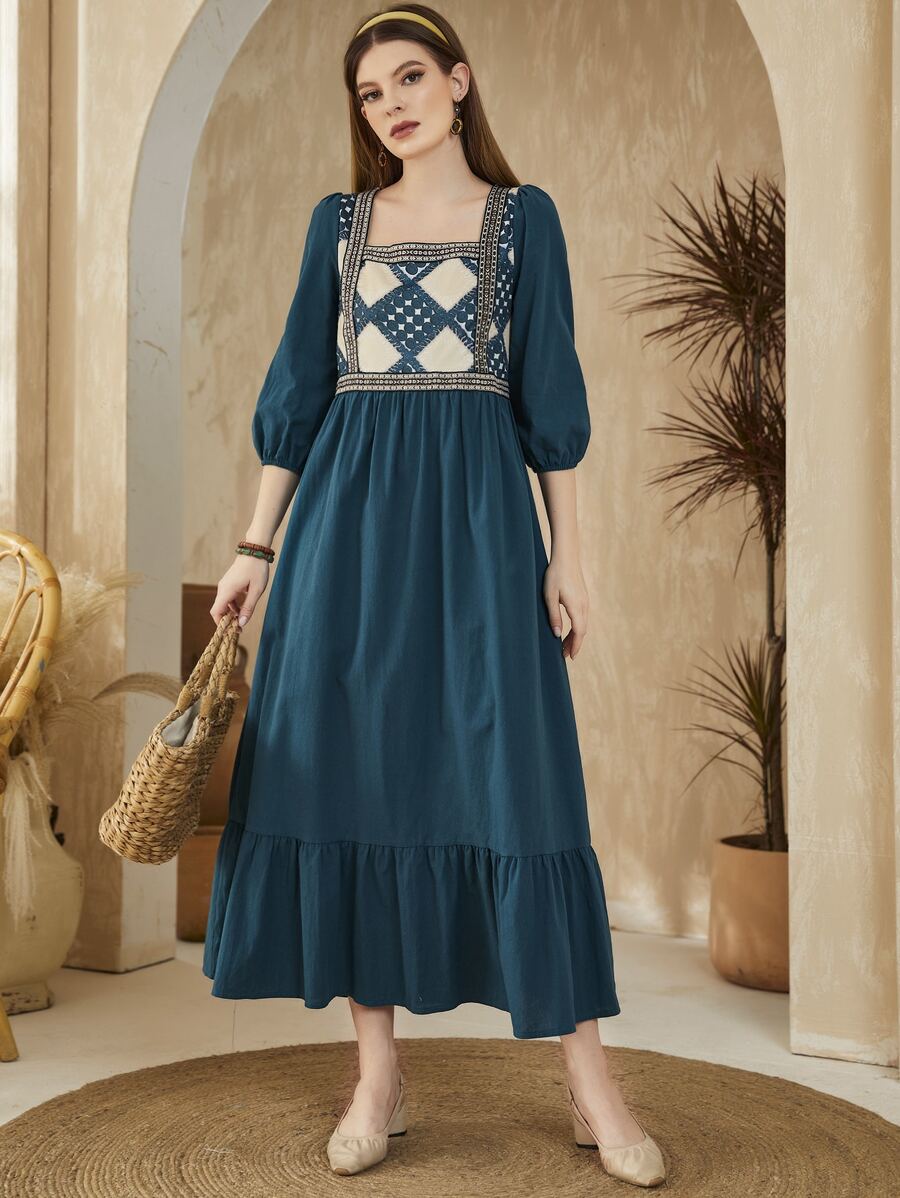 Al Najma Argyle Print Contrast Tape Lantern Sleeve Ruffle Hem Dress,Modest