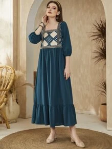 Al Najma Argyle Print Contrast Tape Lantern Sleeve Ruffle Hem Dress,Modest