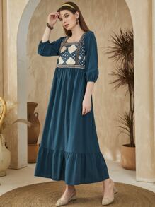 Al Najma Argyle Print Contrast Tape Lantern Sleeve Ruffle Hem Dress,Modest