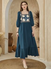 Al Najma Argyle Print Contrast Tape Lantern Sleeve Ruffle Hem Dress,Modest