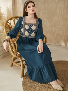 Al Najma Argyle Print Contrast Tape Lantern Sleeve Ruffle Hem Dress,Modest