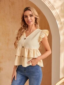 SHEIN Blusa con botón delantero bajo a capas - Caqui - Ver 2