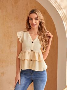 SHEIN Blusa con botón delantero bajo a capas - Caqui - Ver 4