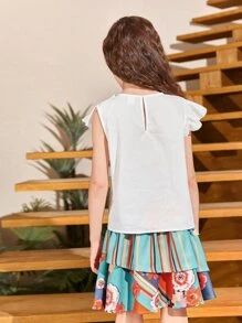 SHEIN Niñas Top ribete con fruncido de manga mariposa - Blanco - Ver 3