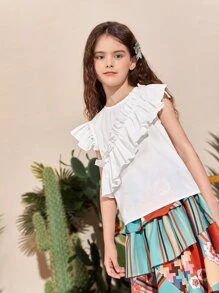 SHEIN Niñas Top ribete con fruncido de manga mariposa - Blanco - Ver 4