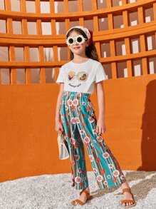 SHEIN Girls Floral Print Wide Leg Trousers - Multicolor - View 1