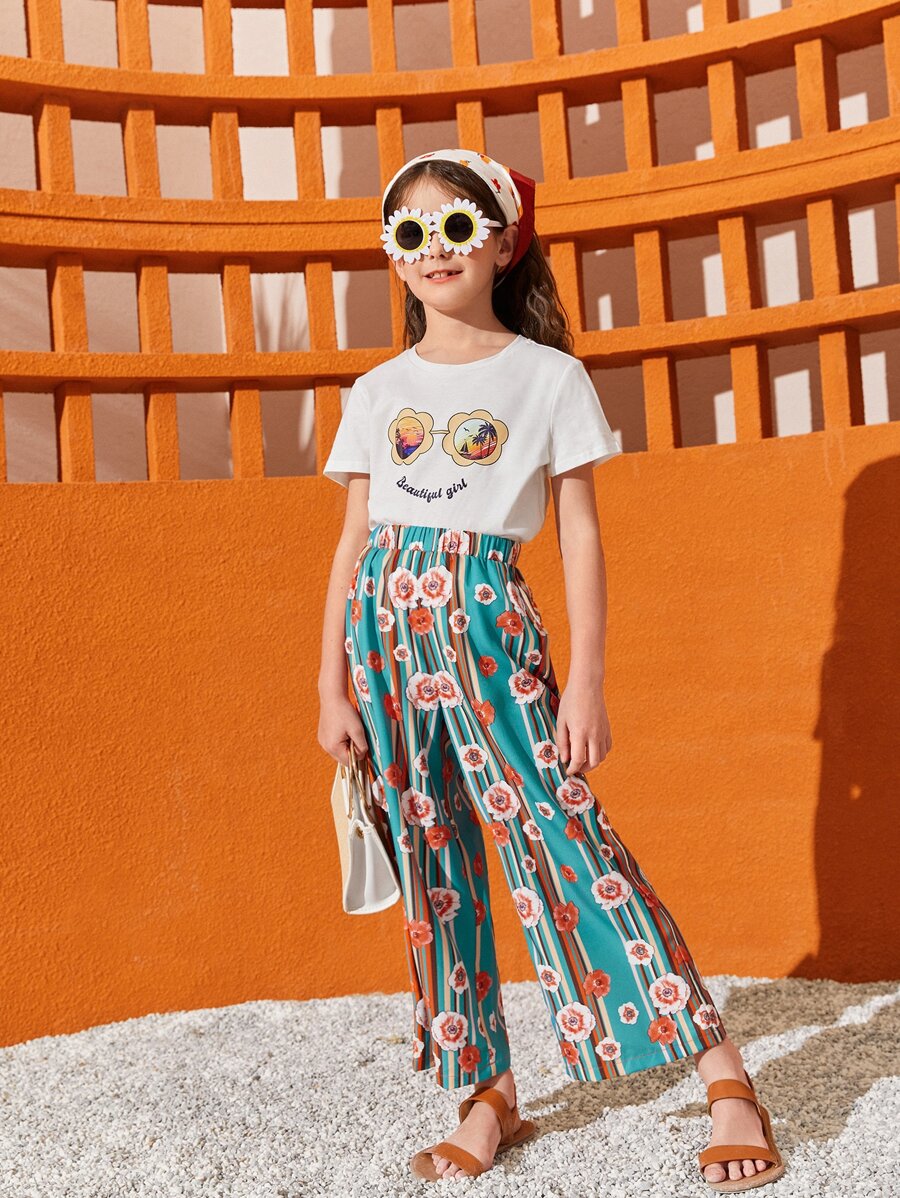SHEIN Girls Floral Print Wide Leg Trousers - Multicolor - View 1