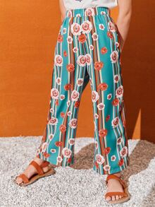SHEIN Girls Floral Print Wide Leg Trousers - Multicolor - View 2
