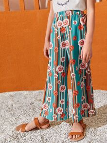 SHEIN Girls Floral Print Wide Leg Trousers - Multicolor - View 3