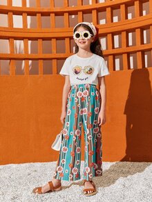 SHEIN Girls Floral Print Wide Leg Trousers - Multicolor - View 4