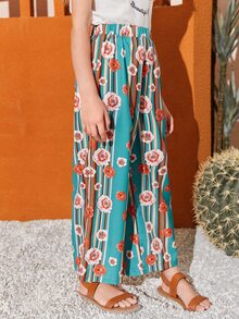SHEIN Girls Floral Print Wide Leg Trousers - Multicolor - View 5