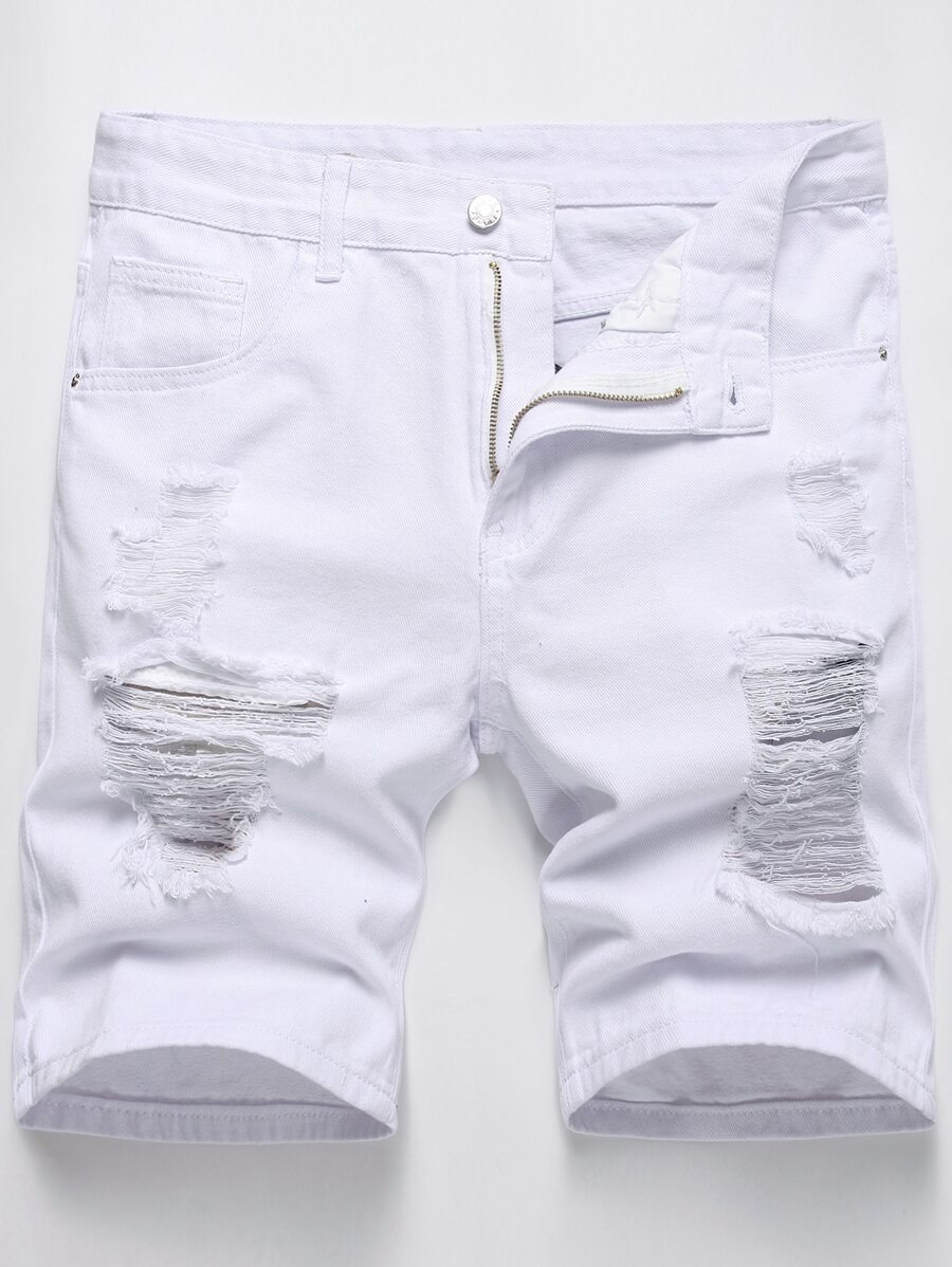 Manfinity Hombres Shorts en mezclilla roto escalonado - Blanco - Ver 1