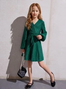 SHEIN Tween Girls Lantern Sleeve Belted Sequin Dress - Dark Green - View 1