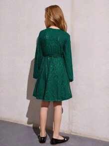 SHEIN Tween Girls Lantern Sleeve Belted Sequin Dress - Dark Green - View 2